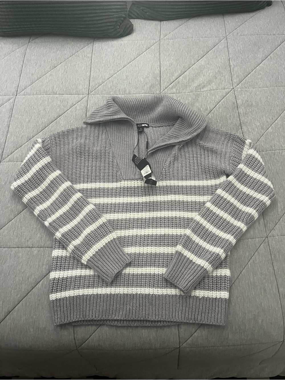 Fashion Nova Gray & White Striped quarter-Zip Sweater